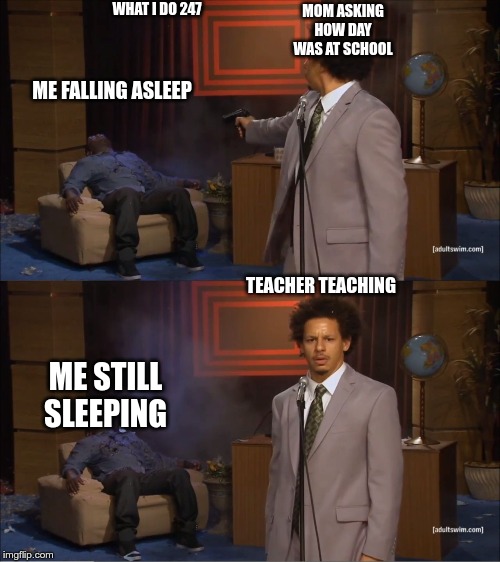 Who Killed Hannibal | MOM ASKING HOW DAY WAS AT SCHOOL; WHAT I DO 247; ME FALLING ASLEEP; TEACHER TEACHING; ME STILL SLEEPING | image tagged in memes,who killed hannibal | made w/ Imgflip meme maker
