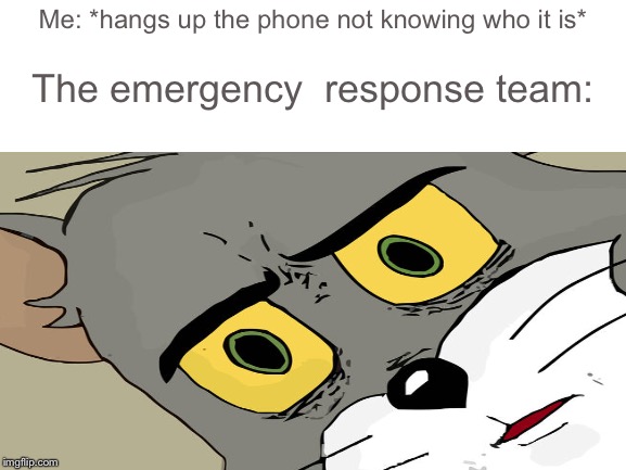 Another unsettled Tom meme | Me: *hangs up the phone not knowing who it is*; The emergency  response team: | image tagged in unsettled tom,emergency,funny | made w/ Imgflip meme maker