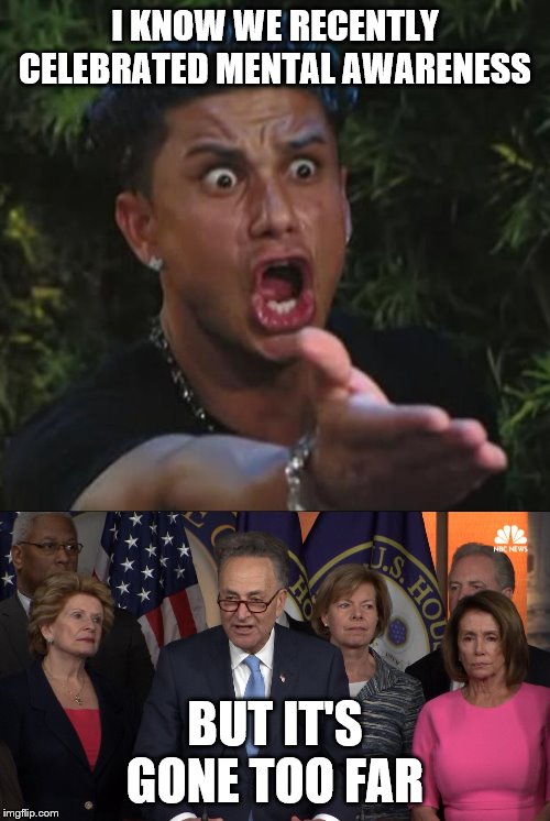 I KNOW WE RECENTLY CELEBRATED MENTAL AWARENESS; BUT IT'S GONE TOO FAR | image tagged in memes,dj pauly d,democrat congressmen | made w/ Imgflip meme maker
