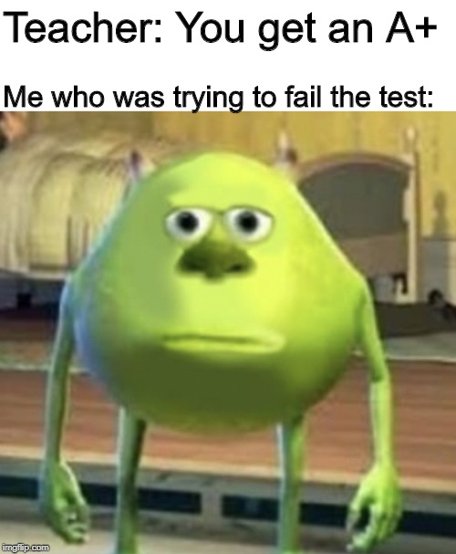 Mike Wazowski Face Swap | Teacher: You get an A+; Me who was trying to fail the test: | image tagged in mike wazowski face swap | made w/ Imgflip meme maker