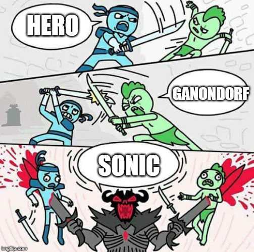 Let's start with a new ssbu meme trend: Sonic's OP level | HERO; GANONDORF; SONIC | image tagged in sword fight,super smash bros,sonic the hedgehog,ganondorf,hero | made w/ Imgflip meme maker