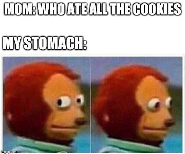 Monkey Puppet Meme | MOM: WHO ATE ALL THE COOKIES; MY STOMACH: | image tagged in monkey puppet | made w/ Imgflip meme maker