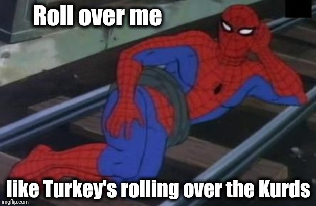 Sexy Railroad Spiderman Meme | Roll over me; like Turkey's rolling over the Kurds | image tagged in memes,sexy railroad spiderman,spiderman | made w/ Imgflip meme maker