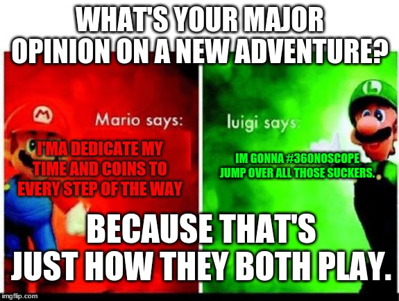 Mario Vs. Luigi | WHAT'S YOUR MAJOR OPINION ON A NEW ADVENTURE? I'MA DEDICATE MY TIME AND COINS TO EVERY STEP OF THE WAY; IM GONNA #360NOSCOPE JUMP OVER ALL THOSE SUCKERS. BECAUSE THAT'S JUST HOW THEY BOTH PLAY. | image tagged in mario vs luigi | made w/ Imgflip meme maker