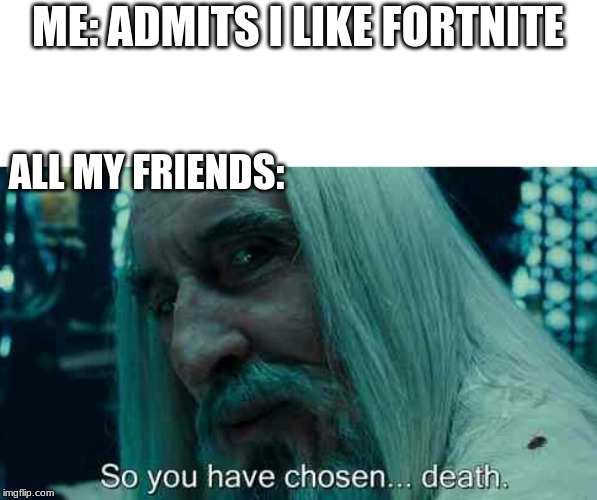 So you have chosen death | ME: ADMITS I LIKE FORTNITE; ALL MY FRIENDS: | image tagged in so you have chosen death | made w/ Imgflip meme maker
