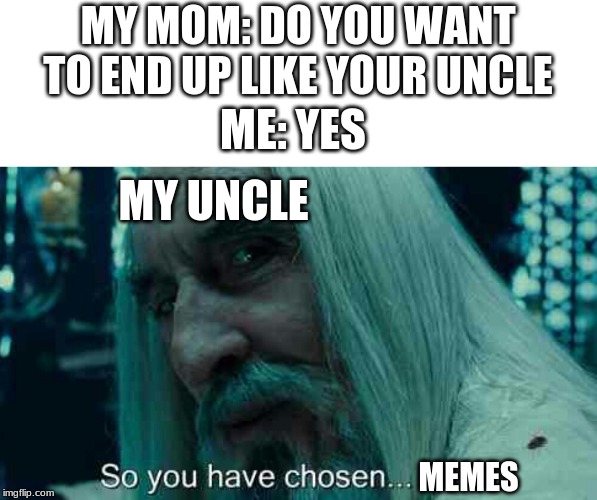 So you have chosen death | MY MOM: DO YOU WANT TO END UP LIKE YOUR UNCLE; ME: YES; MY UNCLE; MEMES | image tagged in so you have chosen death | made w/ Imgflip meme maker