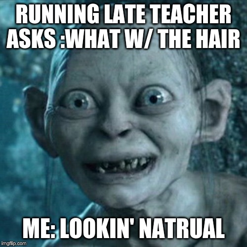 Gollum | RUNNING LATE TEACHER ASKS :WHAT W/ THE HAIR; ME: LOOKIN' NATRUAL | image tagged in memes,gollum | made w/ Imgflip meme maker