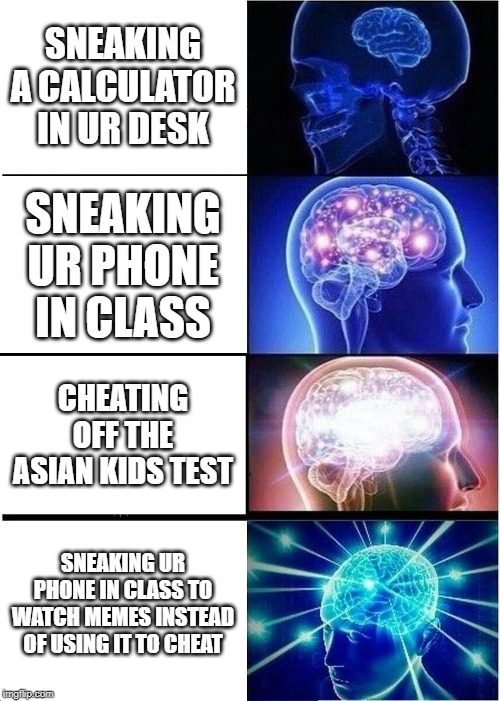 Expanding Brain Meme | SNEAKING A CALCULATOR IN UR DESK; SNEAKING UR PHONE IN CLASS; CHEATING OFF THE ASIAN KIDS TEST; SNEAKING UR PHONE IN CLASS TO WATCH MEMES INSTEAD OF USING IT TO CHEAT | image tagged in memes,expanding brain | made w/ Imgflip meme maker