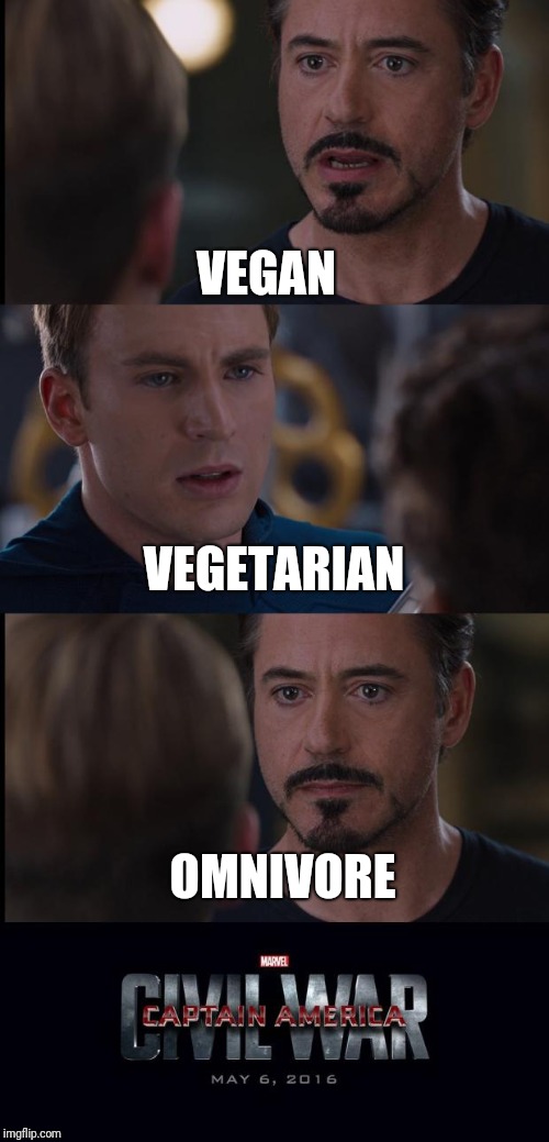 What's your preferred diet and why?  I'm an omnivore because I can't say no to bacon :) | VEGAN; VEGETARIAN; OMNIVORE | image tagged in civil war 3 panel | made w/ Imgflip meme maker