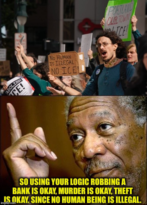 Well these are people with too much time on their hands. Don’t believe in law enforcement.. even though they want big government | SO USING YOUR LOGIC ROBBING A BANK IS OKAY, MURDER IS OKAY, THEFT IS OKAY. SINCE NO HUMAN BEING IS ILLEGAL. | image tagged in this morgan freeman,illegal immigration,ice,libtards,liberal logic,liberal hypocrisy | made w/ Imgflip meme maker