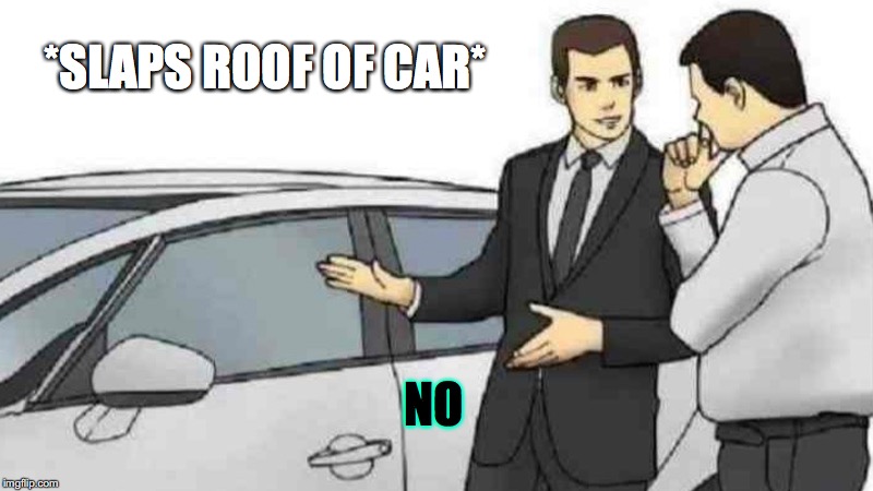 not this one | *SLAPS ROOF OF CAR*; NO | image tagged in memes,car salesman slaps roof of car | made w/ Imgflip meme maker