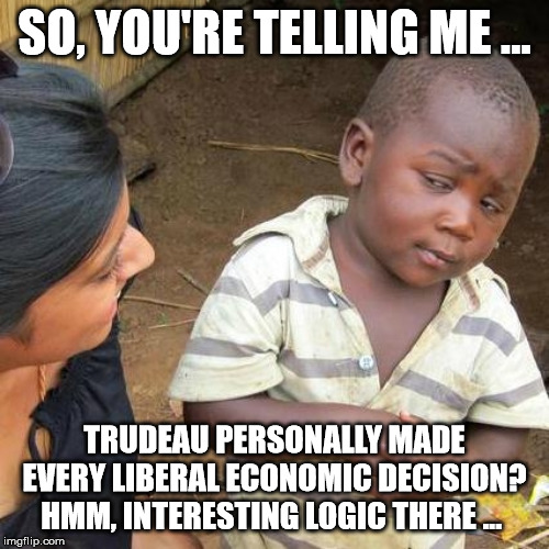 Scheer's messengers spreading the good news! | SO, YOU'RE TELLING ME ... TRUDEAU PERSONALLY MADE EVERY LIBERAL ECONOMIC DECISION?
HMM, INTERESTING LOGIC THERE ... | image tagged in memes,third world skeptical kid,trudeau,canada,election,cdnpoli | made w/ Imgflip meme maker