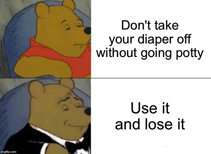 Get them use to that phrase | Don't take your diaper off without going potty; Use it and lose it | image tagged in memes,tuxedo winnie the pooh | made w/ Imgflip meme maker