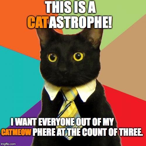 Business Cat Meme | THIS IS A         ASTROPHE! CAT I WANT EVERYONE OUT OF MY                                PHERE AT THE COUNT OF THREE. CATMEOW | image tagged in memes,business cat | made w/ Imgflip meme maker