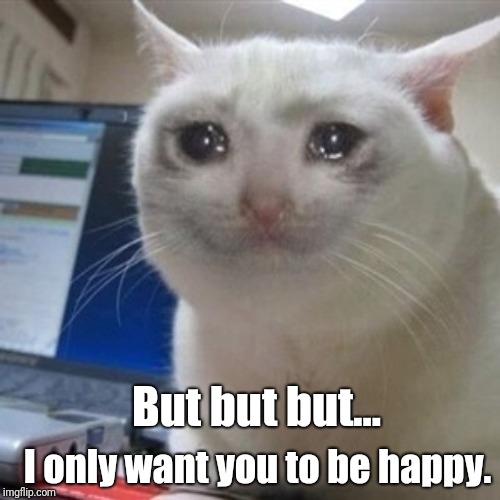 Crying cat | But but but... I only want you to be happy. | image tagged in crying cat | made w/ Imgflip meme maker