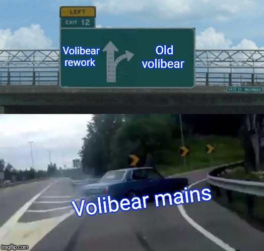 Left Exit 12 Off Ramp Meme | Volibear rework; Old volibear; Volibear mains | image tagged in memes,left exit 12 off ramp | made w/ Imgflip meme maker