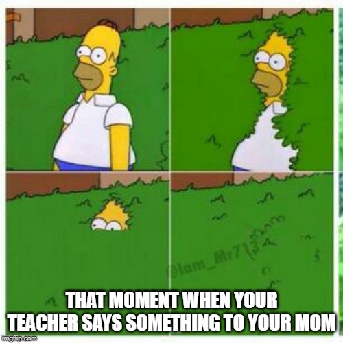 Homer hides | THAT MOMENT WHEN YOUR TEACHER SAYS SOMETHING TO YOUR MOM | image tagged in homer hides | made w/ Imgflip meme maker