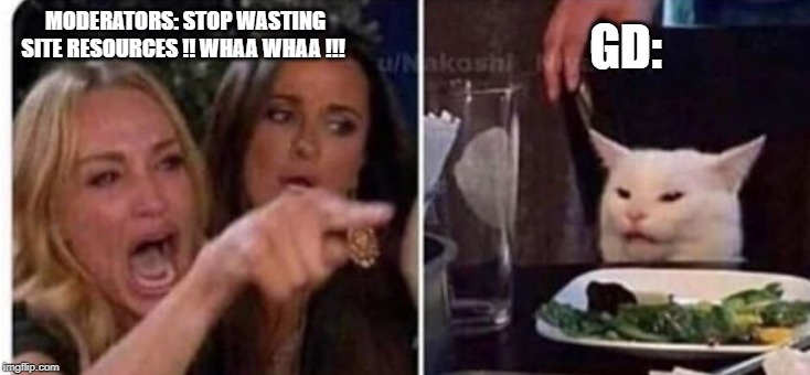 Cat at table | GD:; MODERATORS: STOP WASTING SITE RESOURCES !! WHAA WHAA !!! | image tagged in cat at table | made w/ Imgflip meme maker