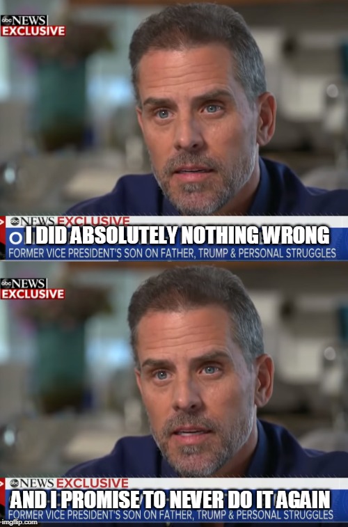 Hunter Biden's Mixed Message | I DID ABSOLUTELY NOTHING WRONG; AND I PROMISE TO NEVER DO IT AGAIN | image tagged in hunter biden,crooked politicians,joe biden,ukraine,china | made w/ Imgflip meme maker