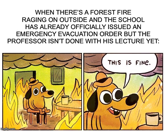 Then you step outside and you feel like you’ve just walked into the Fiery Furnace with Shadrach, Meshach, and Abednego | WHEN THERE’S A FOREST FIRE RAGING ON OUTSIDE AND THE SCHOOL HAS ALREADY OFFICIALLY ISSUED AN EMERGENCY EVACUATION ORDER BUT THE PROFESSOR ISN’T DONE WITH HIS LECTURE YET: | image tagged in blank white template,this is fine dog | made w/ Imgflip meme maker