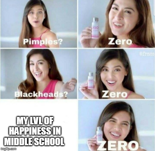 poor me | MY LVL OF HAPPINESS IN MIDDLE SCHOOL | image tagged in pimples zero | made w/ Imgflip meme maker