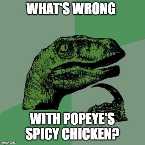 Philosoraptor Meme | WHAT'S WRONG WITH POPEYE'S SPICY CHICKEN? | image tagged in memes,philosoraptor | made w/ Imgflip meme maker