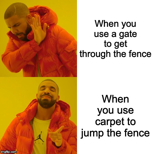Drake Hotline Bling Meme | When you use a gate to get through the fence; When you use carpet to jump the fence | image tagged in memes,drake hotline bling | made w/ Imgflip meme maker