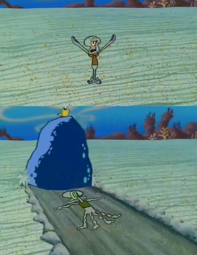 High Quality Squidward gets crushed by a boulder Blank Meme Template