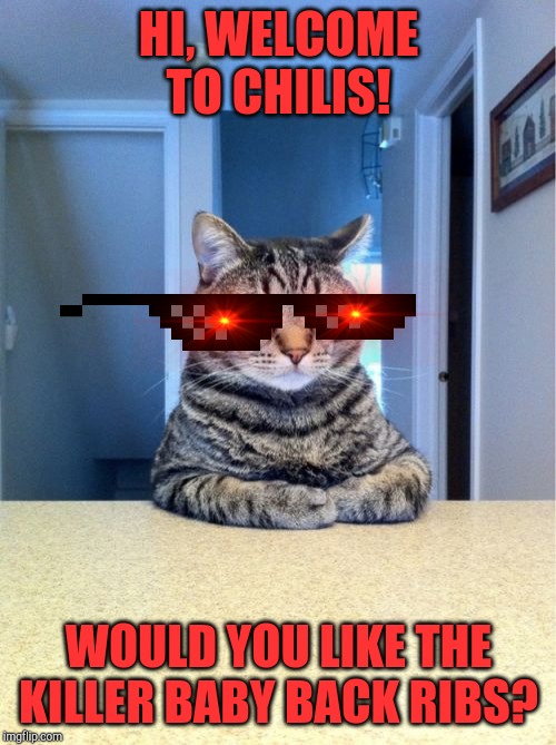 Welcome to Killer Chili's Cat | HI, WELCOME TO CHILIS! WOULD YOU LIKE THE KILLER BABY BACK RIBS? | image tagged in memes,take a seat cat | made w/ Imgflip meme maker