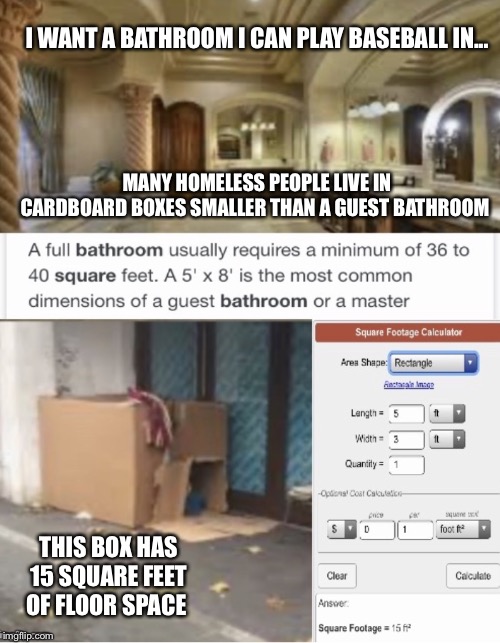 Hey Nickelback! | I WANT A BATHROOM I CAN PLAY BASEBALL IN... MANY HOMELESS PEOPLE LIVE IN CARDBOARD BOXES SMALLER THAN A GUEST BATHROOM; THIS BOX HAS 15 SQUARE FEET OF FLOOR SPACE | image tagged in hey nickelback | made w/ Imgflip meme maker