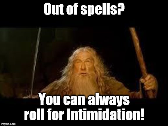 You shall not pass | Out of spells? You can always roll for Intimidation! | image tagged in you shall not pass,gamers be like | made w/ Imgflip meme maker