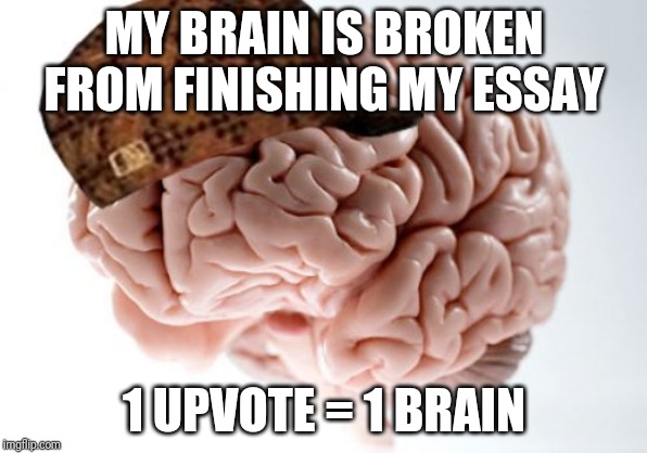The Severe Case of Broken Brain | MY BRAIN IS BROKEN FROM FINISHING MY ESSAY; 1 UPVOTE = 1 BRAIN | image tagged in memes,scumbag brain | made w/ Imgflip meme maker