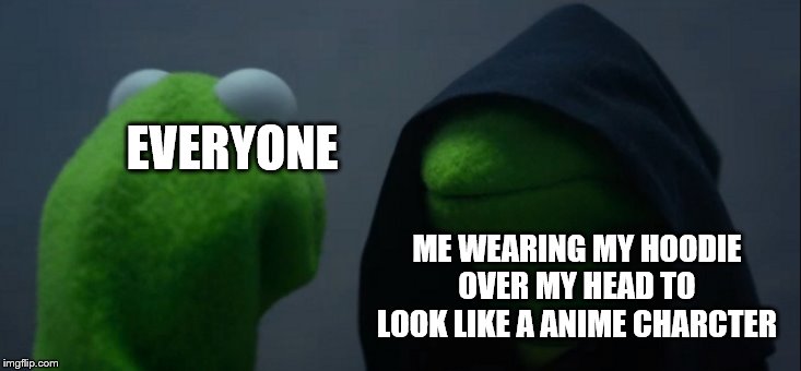 Evil Kermit Meme | EVERYONE; ME WEARING MY HOODIE OVER MY HEAD TO LOOK LIKE A ANIME CHARCTER | image tagged in memes,evil kermit | made w/ Imgflip meme maker