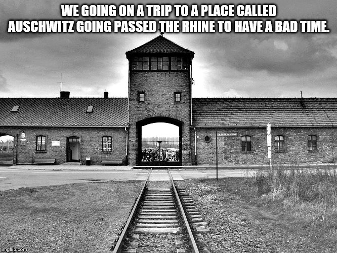 aushwitz | WE GOING ON A TRIP TO A PLACE CALLED AUSCHWITZ GOING PASSED THE RHINE TO HAVE A BAD TIME. | image tagged in aushwitz | made w/ Imgflip meme maker