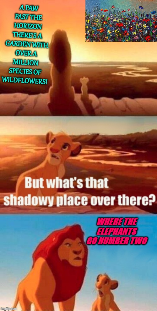 Simba Shadowy Place | A PAW PAST THE HORIZON THERE'S A GARDEN WITH OVER A MILLION SPECIES OF WILDFLOWERS! WHERE THE ELEPHANTS GO NUMBER TWO | image tagged in memes,simba shadowy place | made w/ Imgflip meme maker