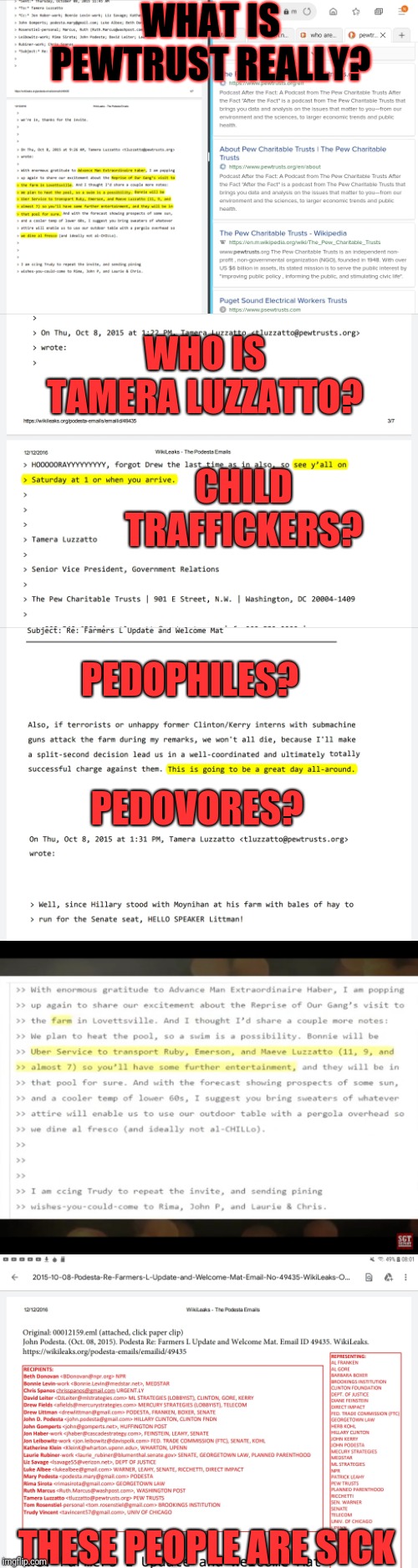 Is/was $6 billion PewTrust run by child traffickers, pedophiles, pedovores? | WHAT IS PEWTRUST REALLY? WHO IS TAMERA LUZZATTO? CHILD TRAFFICKERS? PEDOPHILES? PEDOVORES? THESE PEOPLE ARE SICK | image tagged in child trafficking,pedophiles,pedovores,john podesta,corruption | made w/ Imgflip meme maker
