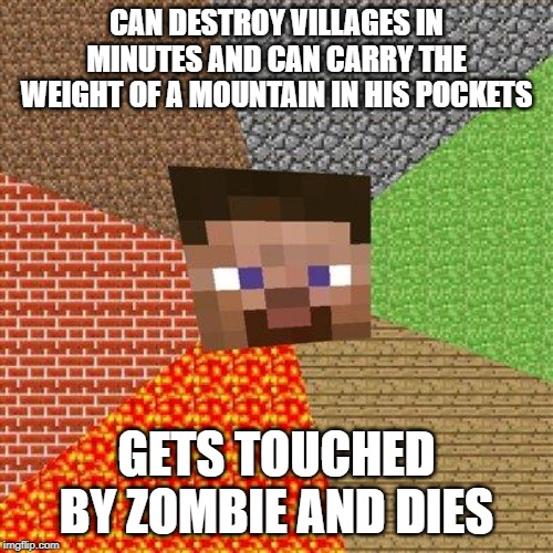 Minecraft Steve | CAN DESTROY VILLAGES IN MINUTES AND CAN CARRY THE WEIGHT OF A MOUNTAIN IN HIS POCKETS; GETS TOUCHED BY ZOMBIE AND DIES | image tagged in minecraft steve | made w/ Imgflip meme maker