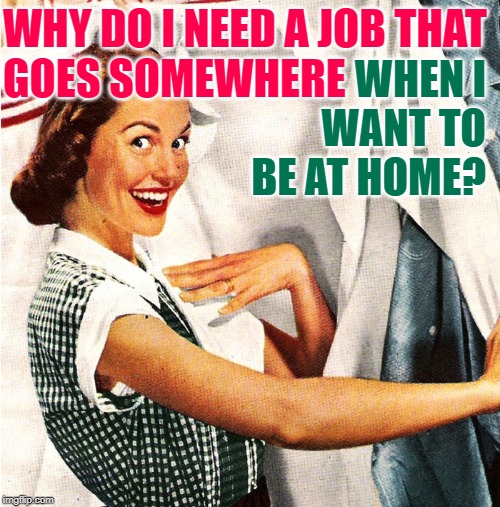 Women Who Don't Work | WHY DO I NEED A JOB THAT
GOES SOMEWHERE; WHEN I WANT TO BE AT HOME? | image tagged in housewife,sassy,humor,work sucks,life lessons,so true memes | made w/ Imgflip meme maker