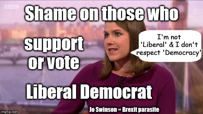 Jo Swinson - Brexit Parasite | Shame on those who; support or vote; I'm not 'Liberal' & I don't respect 'Democracy'; Liberal Democrat; Jo Swinson = Brexit parasite | image tagged in jo swinson lib dem,brexit corbyn boris swinson,remain remoan leave brexiteer | made w/ Imgflip meme maker