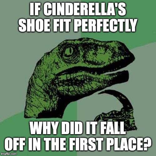 Philosoraptor | IF CINDERELLA'S SHOE FIT PERFECTLY; WHY DID IT FALL OFF IN THE FIRST PLACE? | image tagged in memes,philosoraptor | made w/ Imgflip meme maker