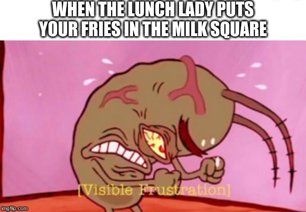 It do be like dat | WHEN THE LUNCH LADY PUTS YOUR FRIES IN THE MILK SQUARE | image tagged in visual frustration,plankton,lunch lady | made w/ Imgflip meme maker