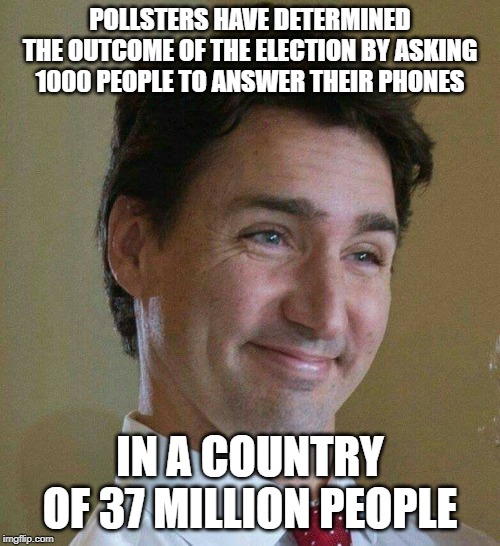 You arent using polls to steer voters, are you? | POLLSTERS HAVE DETERMINED THE OUTCOME OF THE ELECTION BY ASKING 1000 PEOPLE TO ANSWER THEIR PHONES; IN A COUNTRY OF 37 MILLION PEOPLE | image tagged in dopey trudeau,trudeau,justin trudeau,biased media,media bias,stupid liberals | made w/ Imgflip meme maker