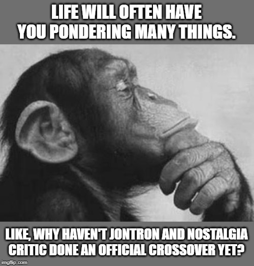 Monkey Rodin Thinker | LIFE WILL OFTEN HAVE YOU PONDERING MANY THINGS. LIKE, WHY HAVEN'T JONTRON AND NOSTALGIA CRITIC DONE AN OFFICIAL CROSSOVER YET? | image tagged in monkey rodin thinker | made w/ Imgflip meme maker