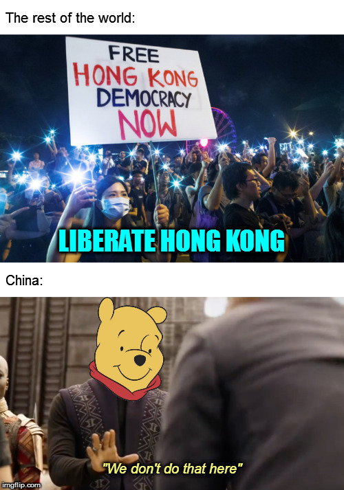 It's not a repost, it's a do-over, I wasn't happy with Winnie's head last time. |  The rest of the world:; LIBERATE HONG KONG; China:; "We don't do that here" | image tagged in we don't do that here,memes,politics,hong kong,winnie the pooh,do-over | made w/ Imgflip meme maker