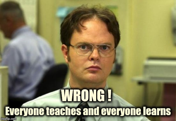 Dwight Schrute Meme | WRONG ! Everyone teaches and everyone learns | image tagged in memes,dwight schrute | made w/ Imgflip meme maker