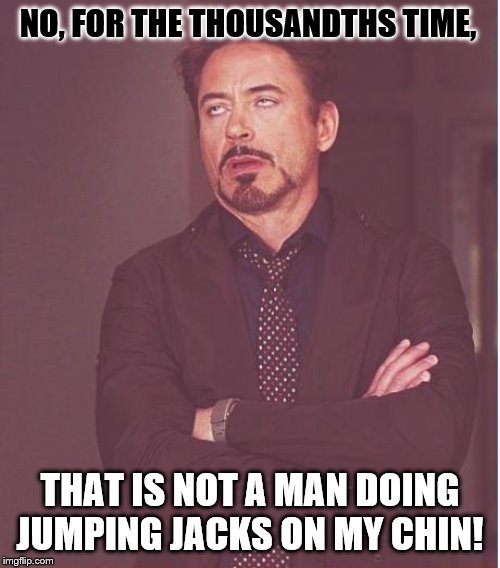 Face You Make Robert Downey Jr | NO, FOR THE THOUSANDTHS TIME, THAT IS NOT A MAN DOING JUMPING JACKS ON MY CHIN! | image tagged in memes,face you make robert downey jr | made w/ Imgflip meme maker