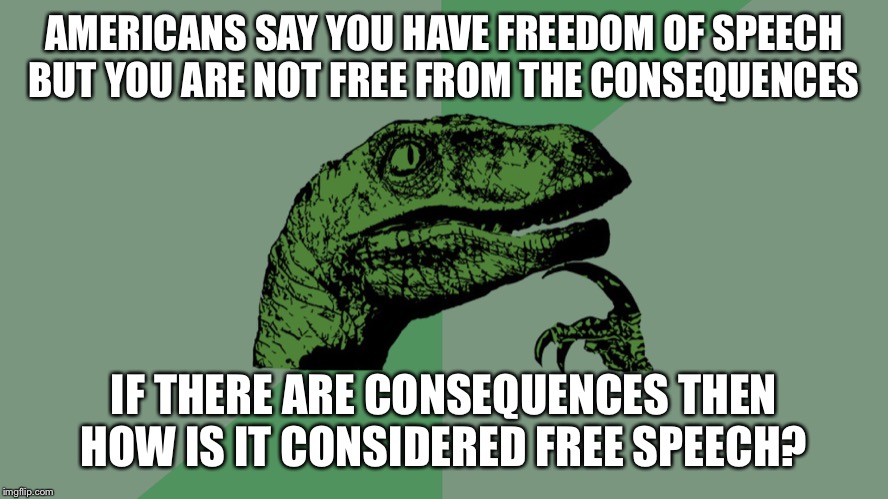 Philosophy Dinosaur | AMERICANS SAY YOU HAVE FREEDOM OF SPEECH BUT YOU ARE NOT FREE FROM THE CONSEQUENCES; IF THERE ARE CONSEQUENCES THEN HOW IS IT CONSIDERED FREE SPEECH? | image tagged in philosophy dinosaur | made w/ Imgflip meme maker