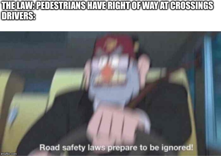 Road safety laws prepare to be ignored! | THE LAW: PEDESTRIANS HAVE RIGHT OF WAY AT CROSSINGS
DRIVERS: | image tagged in road safety laws prepare to be ignored | made w/ Imgflip meme maker