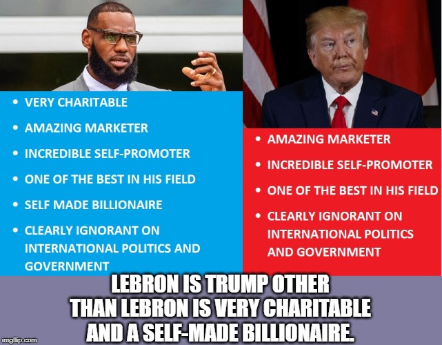 Finkle is Einhorn | LEBRON IS TRUMP OTHER THAN LEBRON IS VERY CHARITABLE AND A SELF-MADE BILLIONAIRE. | image tagged in donald trump,lebron james,spot the difference | made w/ Imgflip meme maker