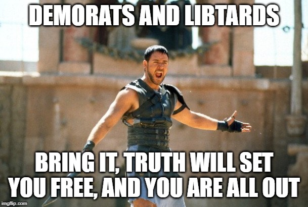 Gladiator Are you not entertained | DEMORATS AND LIBTARDS; BRING IT, TRUTH WILL SET YOU FREE, AND YOU ARE ALL OUT | image tagged in gladiator are you not entertained | made w/ Imgflip meme maker